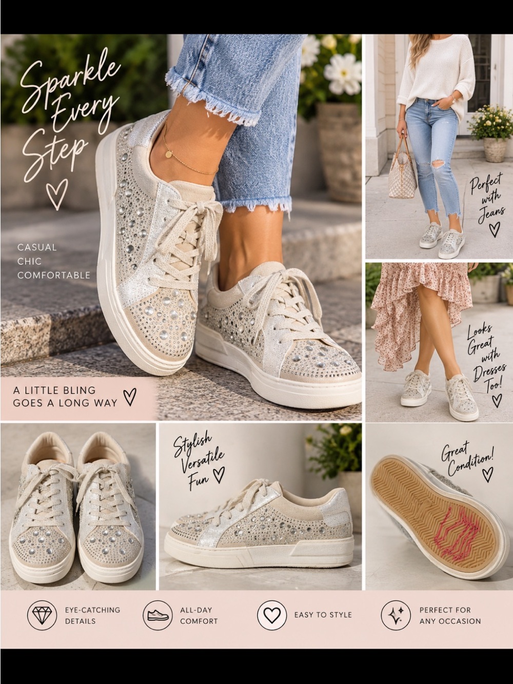 Rampage Women's Rhinestone Embellished Beige Sneakers